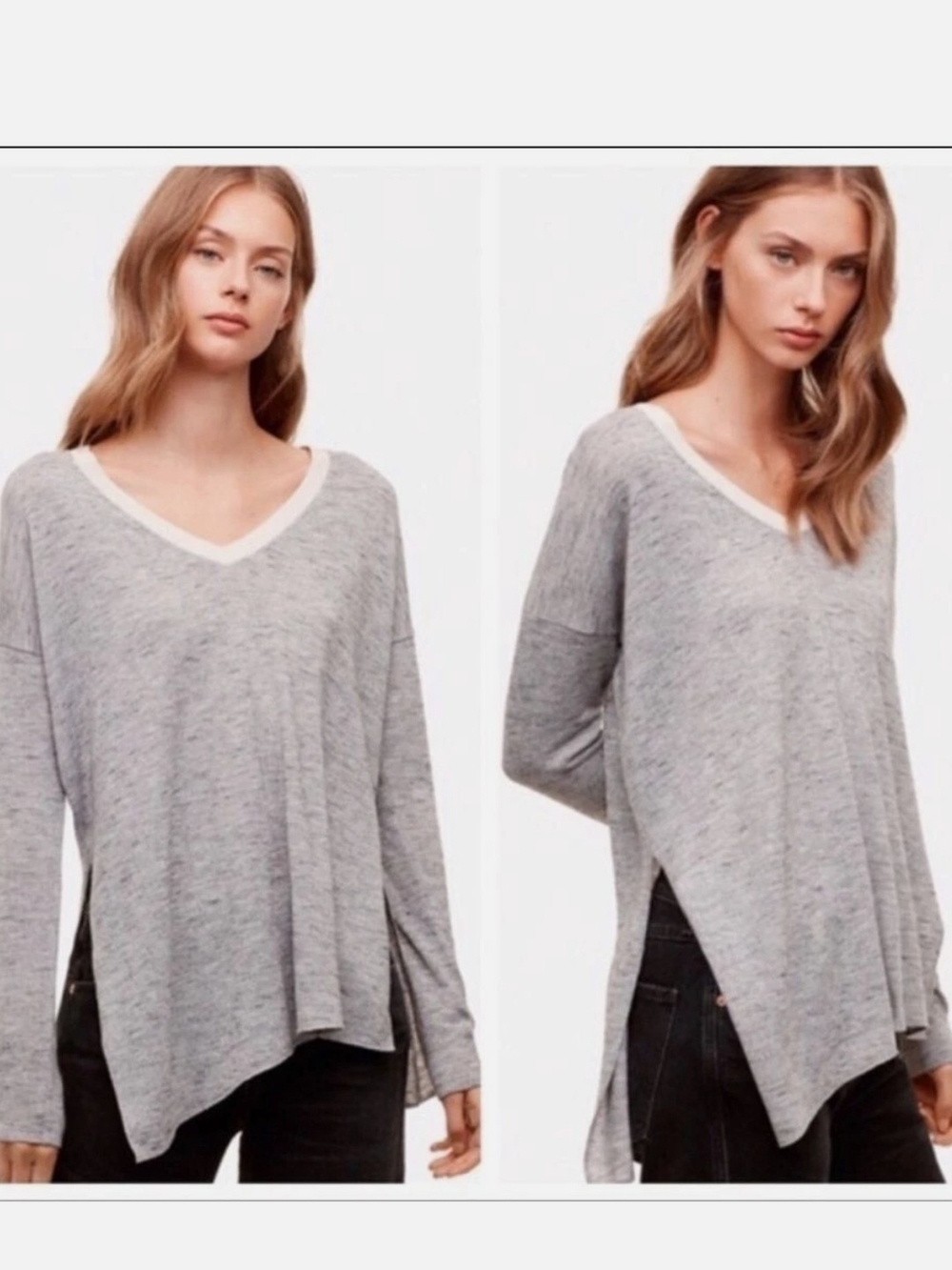 Aritzia Wilfred " Sherbrooke " V-Neck Tee Sweater Hethered Tan Knit